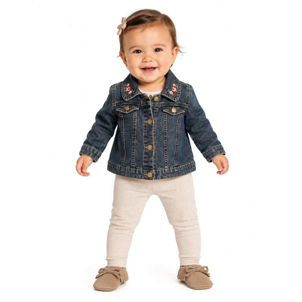 Daisy Fuentes Denim Jacket Kids 24M Blue Floral Embroidered Collar Jean Trucker